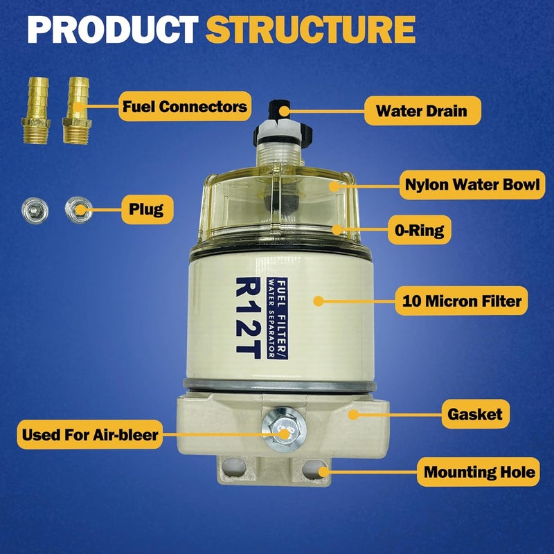 chiying R12T Marine Fuel Water Separator Kit Replace S3240 120AT with 10 Micron Filter Fit 1/4 Inch NPT Outboard Motors Includes 2 fittings,2 plugs. - Image 3